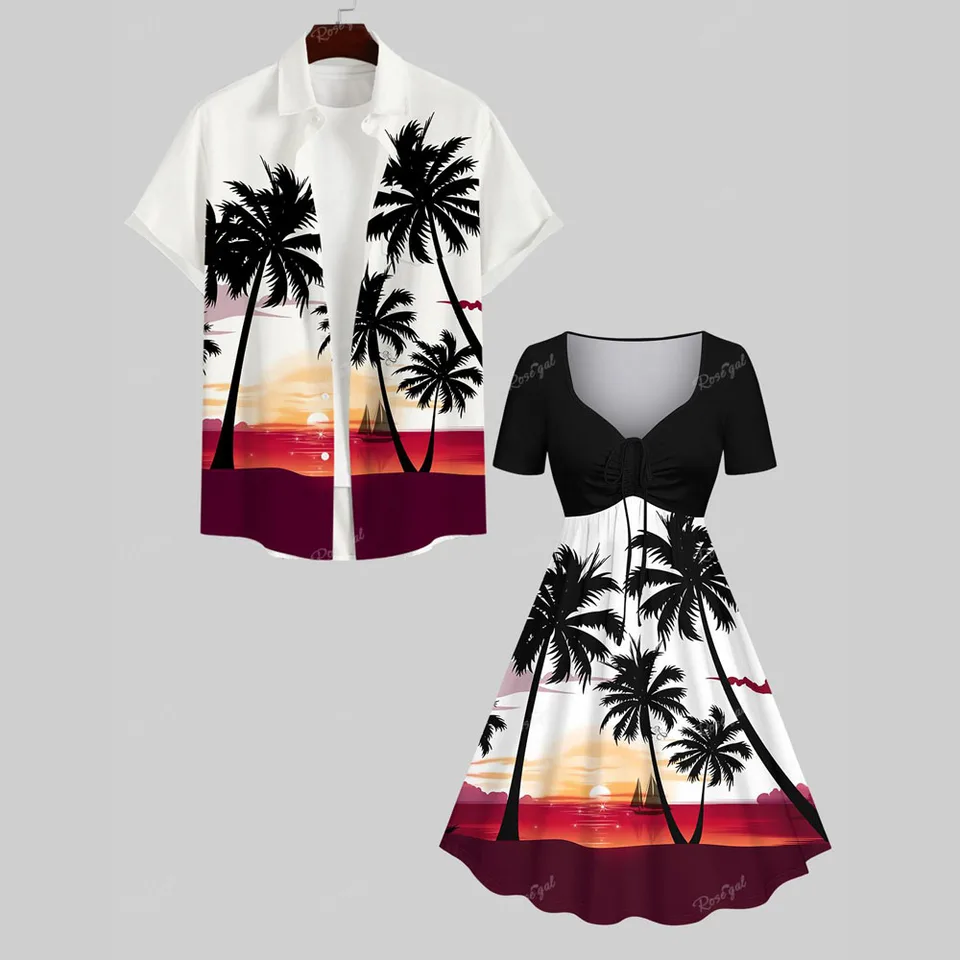 S-3X Hawaii Beach outfit pre páry Coconut Tree Sunset Sunset SailBlock ColorBlock 3D tlačené šaty, pánske gombíky Up Tirt Tirlt Set