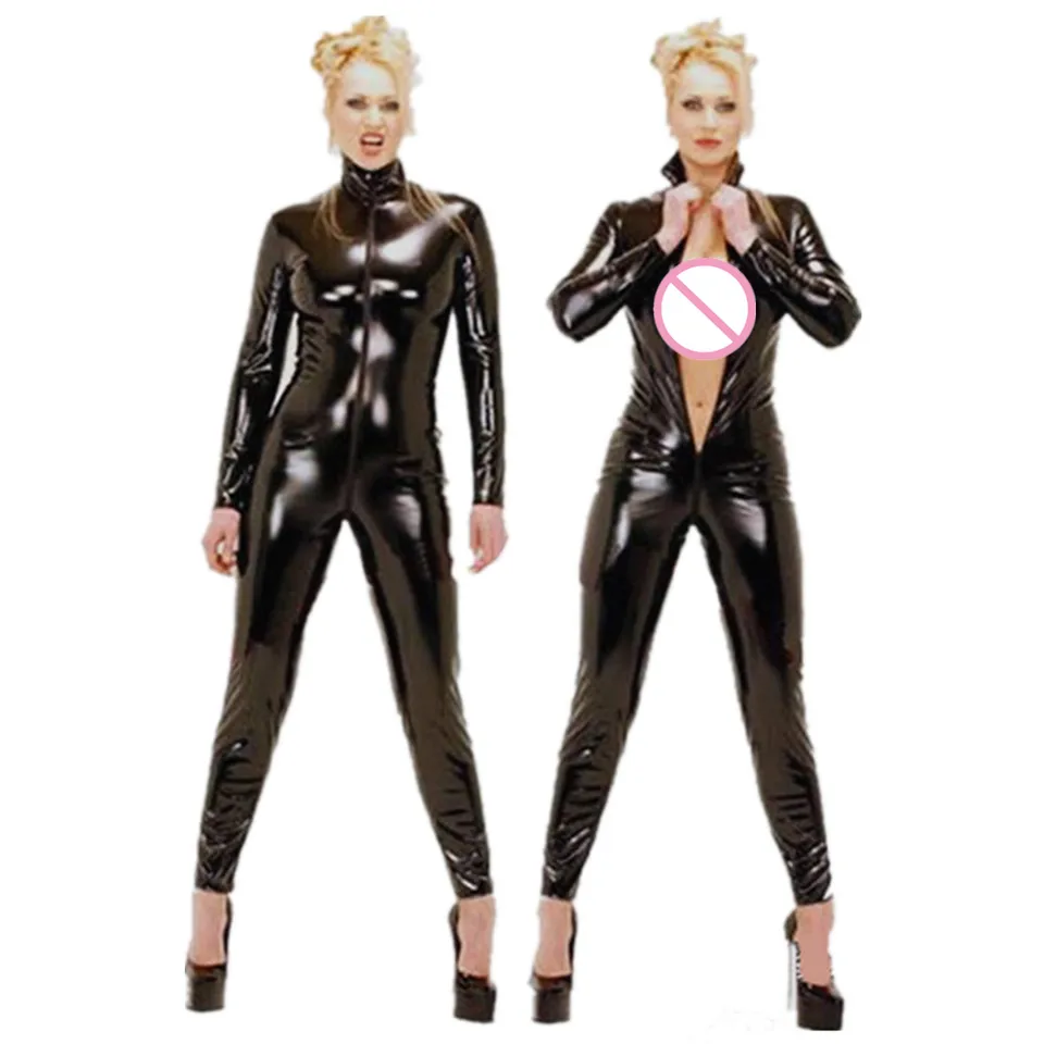 S-4XL Čierny s dlhým rukávom Faux kožené kombinézy Sexy ženy predné zips Otvorené rozkroky Bodysuit Clubwear erotické spodné prádlo Catsuit