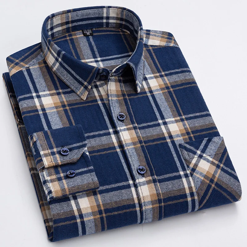 S-6XL Plaid košele pre pánske s dlhým rukávom bavlnená módna módna vrecková dizajn mladý príležitostný štandardný fit hustá flanelová košeľa