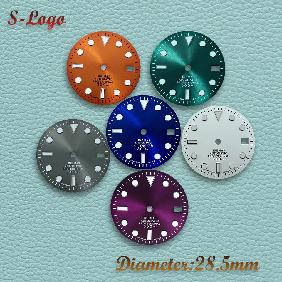 S logo 28,5 mm zelený svetelný číselník NH35 Sub Sunburst Dial Fit NH36/4R/7S Pohyb 3/3.8