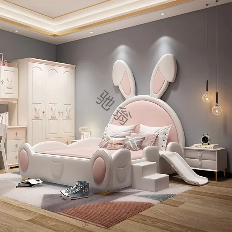 S @Princess Bed Girl s Guadrrail s posúvaním detského králika masívneho dreva Single Cartoon Roztomilé s úložným priestorom