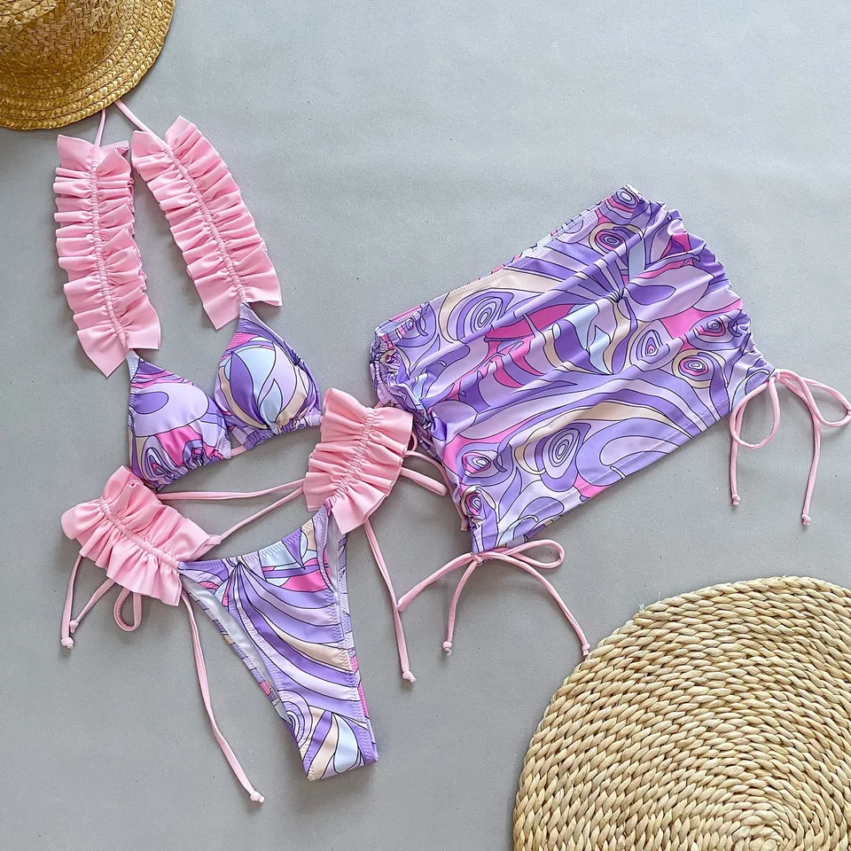 S sukňou prešpinené frillské bikiny Ženské plavky Ženy tangé tri koberky Bikini súpravy mikro plaviek pláž