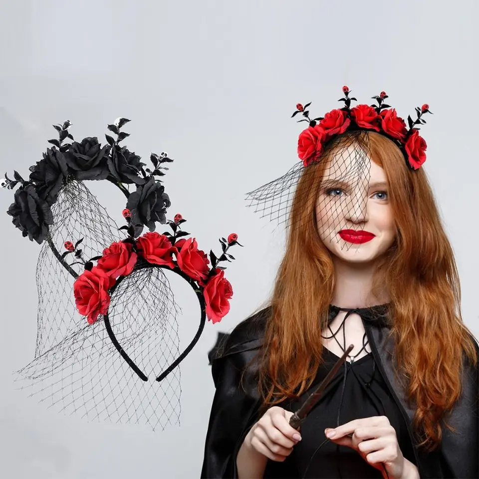 S veil Halloween Rose Flower Headband Festiva Party Gothic Cosplay kostým pokrývky hlavy Mardi gras vlasový obruč pre ženy