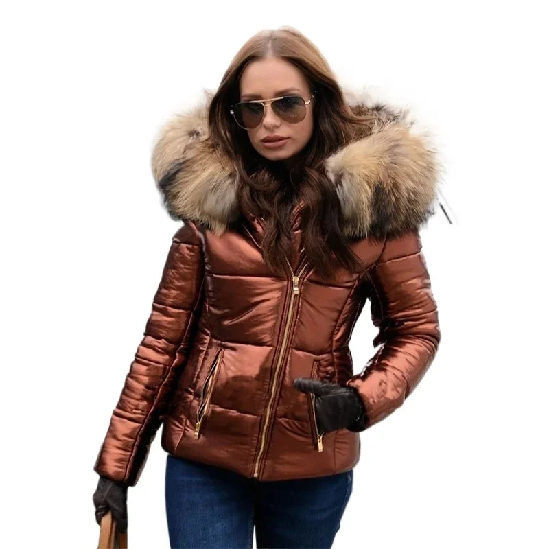 S veľkým faux srsti obojok dámsky zimná bunda s kapucňou Parkas zips dlhé rukávy Čalúbené kabáty štíhle pruhované puferové bundy červené