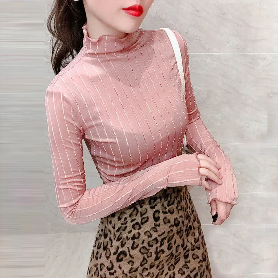 S-XL Čierna ružová biela biela tričko Dámska sexy s vysokým krkom dlhý rukáv lesklé pruhované odpaliská skotované tričko dievčatá z hornej časti spodnej košele