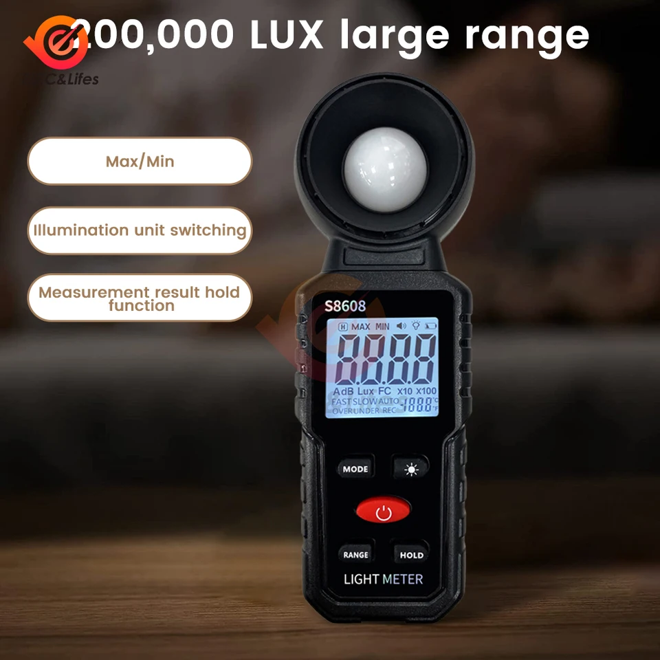 S8608 Digitálne iluminance Light Meter tester 200000Lux Meter Luxmeter Luxmeter osvetlenie Intenzita Brightenty Meerement Fotometer