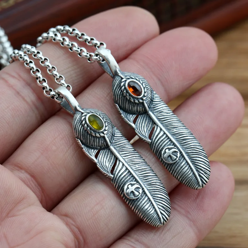 S925 Pure Silver Decoration Retro Thai Silver Personality Japonsko a kórejské ručne vyrobené perie, s jednoduchým príveskom Gemstone