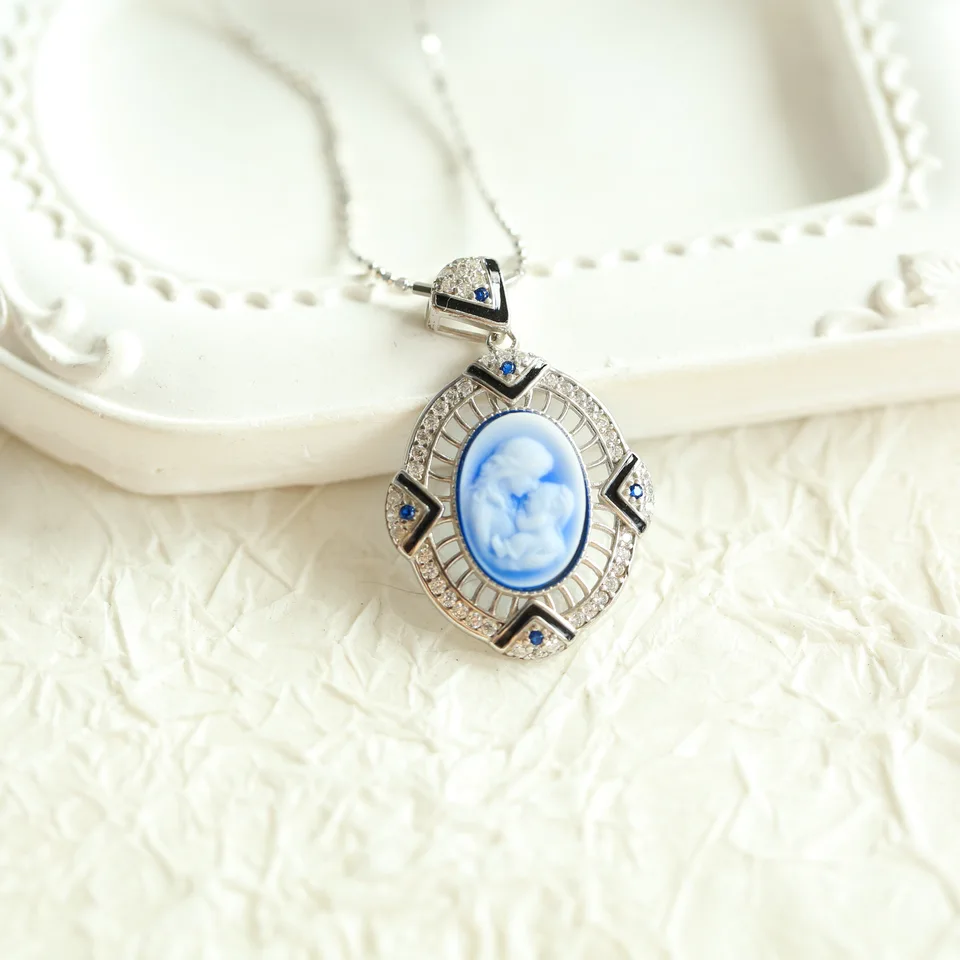 S925 Silver Sterling Silver vykladané agát Camio Matka a detský prívesok náhrdelník vinobranie