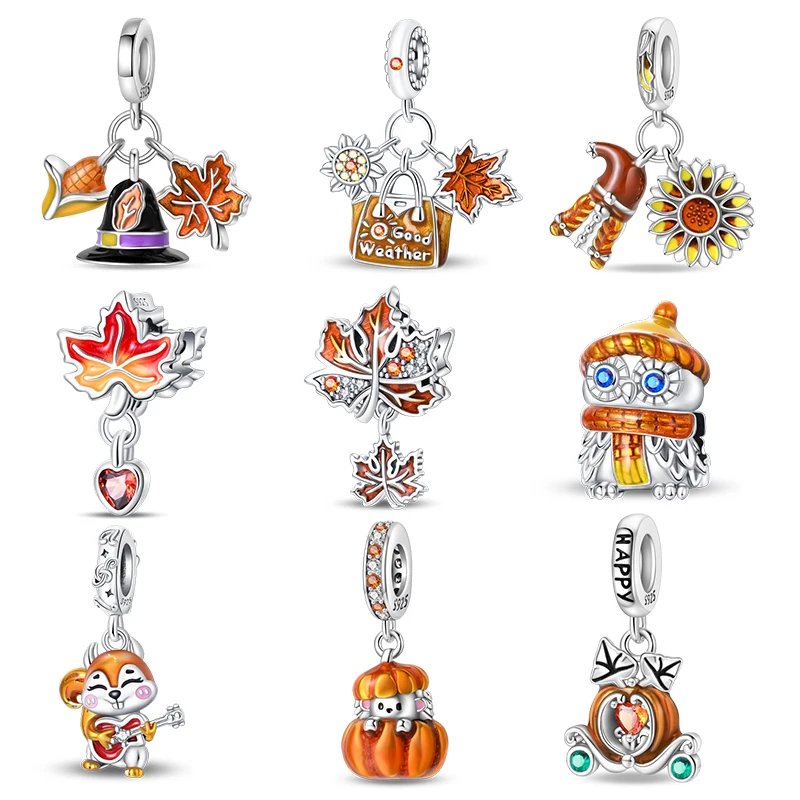 S925 Sterling Silver Autumn Pumpkin Scarecrow Maple Leaf Beads Fit Original Pandora náramok dám narodeniny šperky