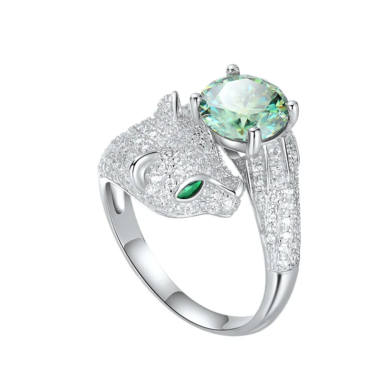 S925 Sterling Silver s 2 karátovými okrúhlymi okrúhlymi bielymi bielymi moissanitmi diamantovým leopardom Open Nastaviteľným prsteňom pre darček výročia žien