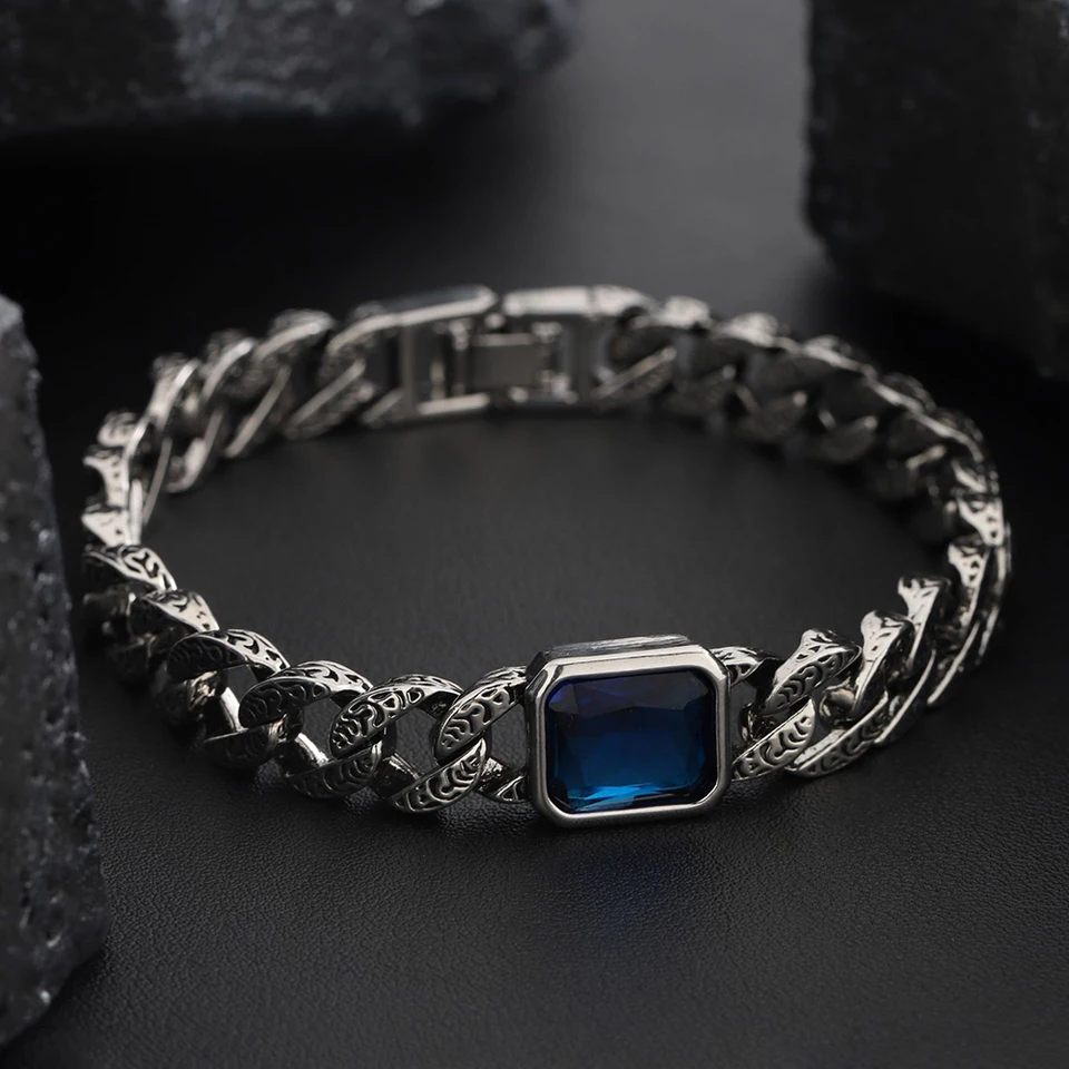 S925 Sterling Silver Vintage Clacelet Šperky 18/20/22 cm Sapphire Cuban Chain Men ženy pár večierok módny darček