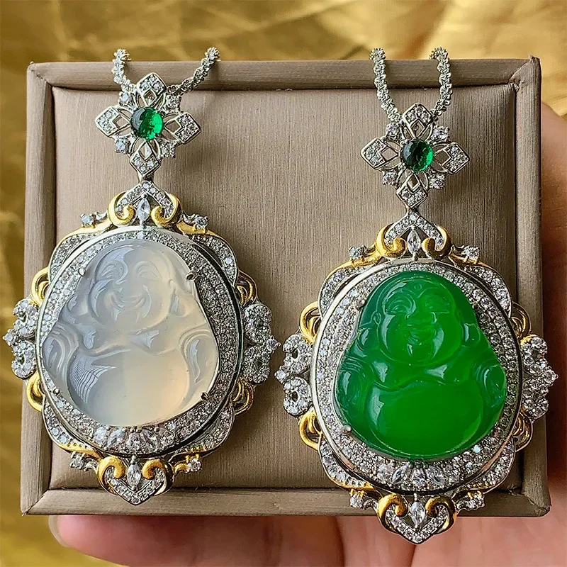 S925 Sterling Silver Vynikajúci Buddha prívesok Náhrdelník zložitý jade krištáľový dizajn s smaragdovými akcentmi perfektné dámske šperky
