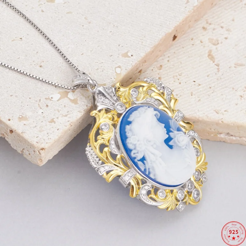 S925 Sterling strieborné kúzla pre ženy pre ženy kontrast farebný dutý vzor Blue Achate Rezer