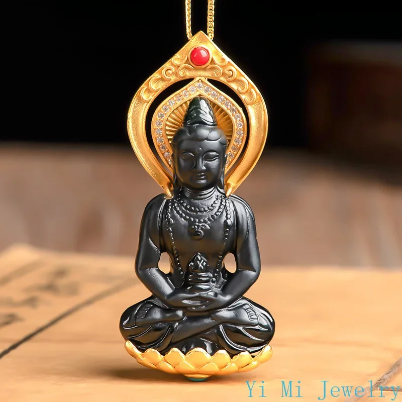 S925 Striebro vykladané prírodné atrament Jade Goods Jade Pendant Ink Jade Amitabha Buddha Jade Pendant Fashion Simple Dámske šperky