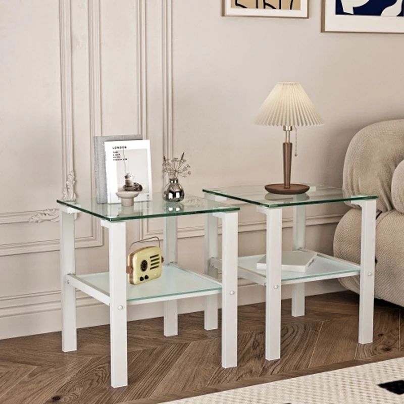 Sada 2, sklenený dvojvrstvový čajový stôl, malý okrúhly stôl, rohový stôl v spálni, bočný stolík v obývacej izbe, biely