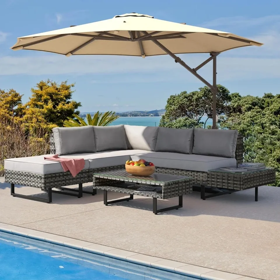 Sada 4 kusov na terasu, PE RATtan Section L-THAPED SOFA pre verandu na bazénoch na terase, prúte