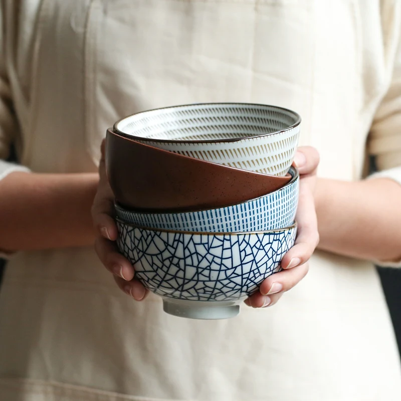 Sada 4ks keramických misiek Japonská ryža misa Blue Stripe Soup Bowl Restaurant retro