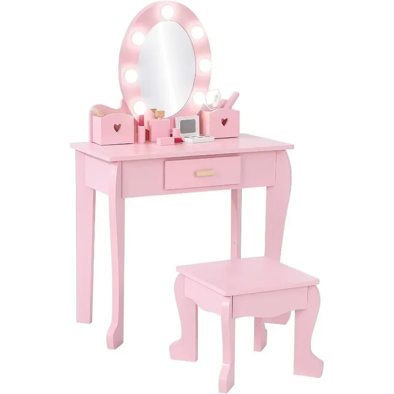 Sada a stoličky s márnosťou dievčat, detský make -up toaletný stolík so svetlami a drevenými make -upovými súbormi, detská márnosť s Mirr