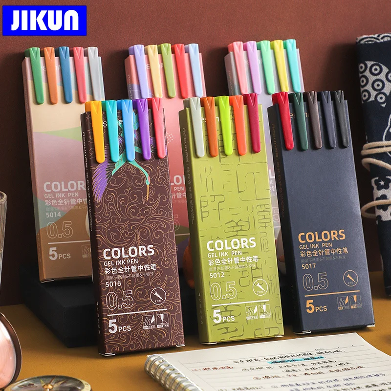 Sada farebných gélových perov - Jikun 5ks/set macaron Colors atrament 0,5 mm ihlového tipu Morandi Journal Poznámka
