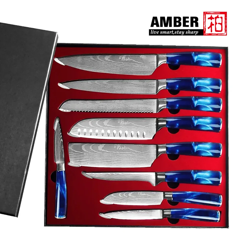 Sada jantárových kuchynských nožov vynikajúca modrá živícka rukoväť laser damašku vzor šéfkuchár nôž santoku cleaver nože nože najlepší darček