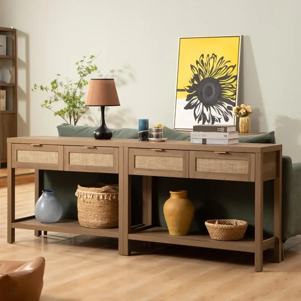 Sada konzolových tabuľiek 2 - Boho vchodový stôl so zásuvkami Rattan, 2 -stupňová polica, úzke dlhé pohovky pre obývaciu izbu