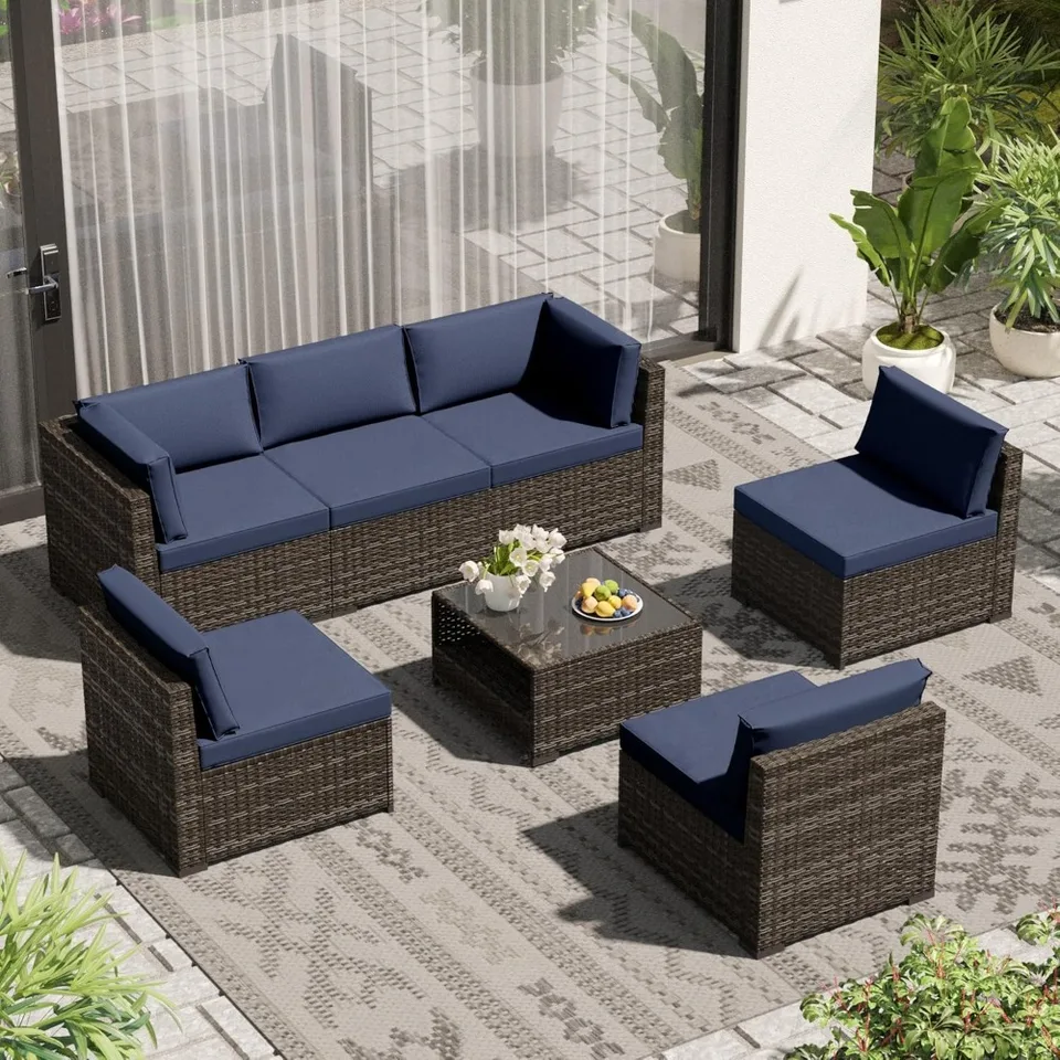 Sada nábytku na terasu, 7-kusová vonkajšia sekcia pohovka s 2-vrstvovým konferenčným stolíkom, PE Rattan Wicker Section Secum konverzácia