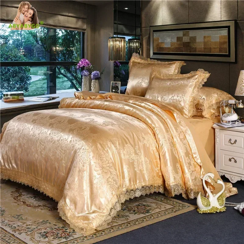 Sada obliečok s veľkosťou Nordic King Set Luxury Lace Satin Jacquard Cover Cover Set lôžko posteľ kráľovná pokrývka špičkovej kvality pre dospelých 220x240