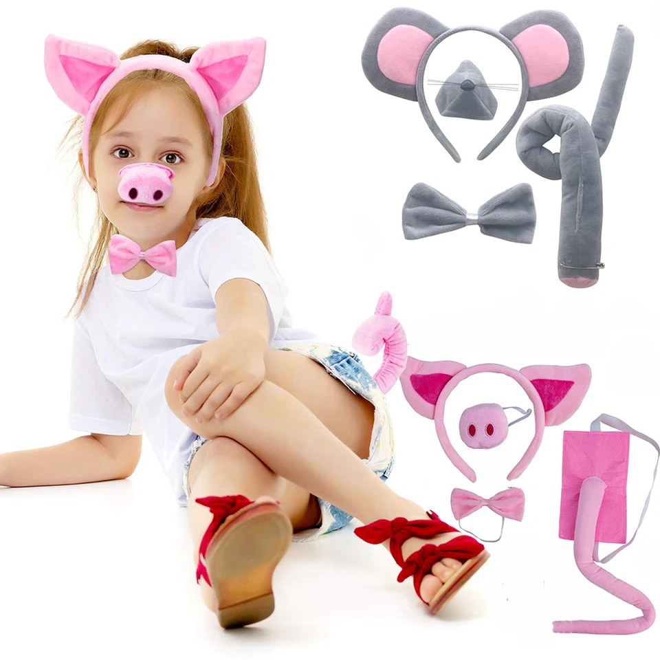 Sada ošípaných sada ošípaných uší čelenka Prasa nosný nosný kravata chvost cosplay šedá myš zvierat Hallloween Party Kostým príslušenstvo vianočný darček
