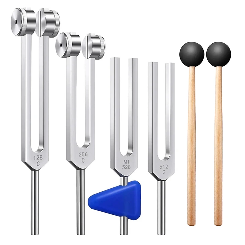 Sada vidlice s ladením 4ksov (128 Hz 256Hz 512Hz 528Hz) s kladivom Mallet Chakra Massager pre zvukové hojenie vibračných nástrojov