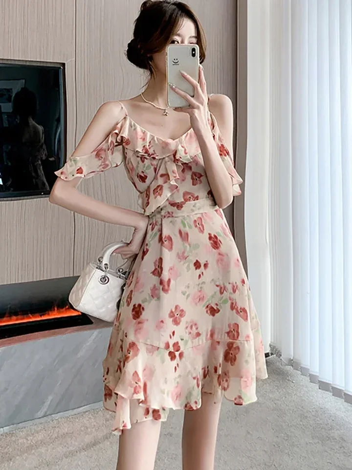 Sady letné kórejské módne príležitostné šaty 2025 Pink Floral Chiffon Chic Ruffled Sling Dress Dámske elegantné príležitostné plážové šaty