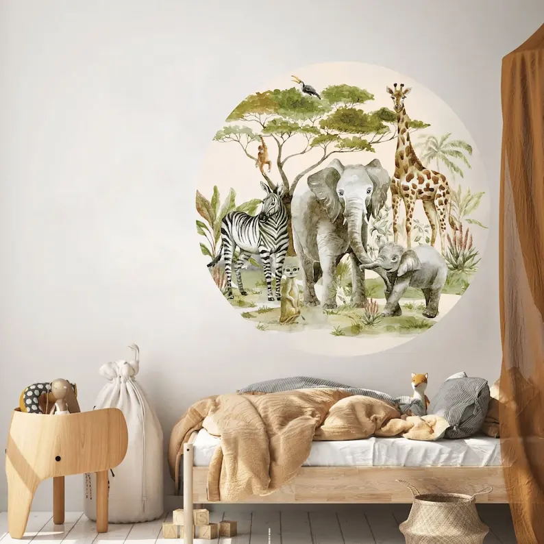 Safari Animals Wall Decal, Nursery Round Wall Decal, Durgle Animals, Tropical Monkey Stickers, Nálepky na stenu pre deti, Wild Waterco
