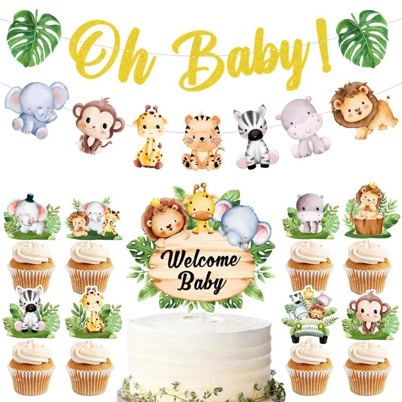 Safari bábätká DETABRÁCIA OH DETA BANNER Jungle Animal Cupcake Toppers Detské narodeninové oslavy Dodávky dekorácie