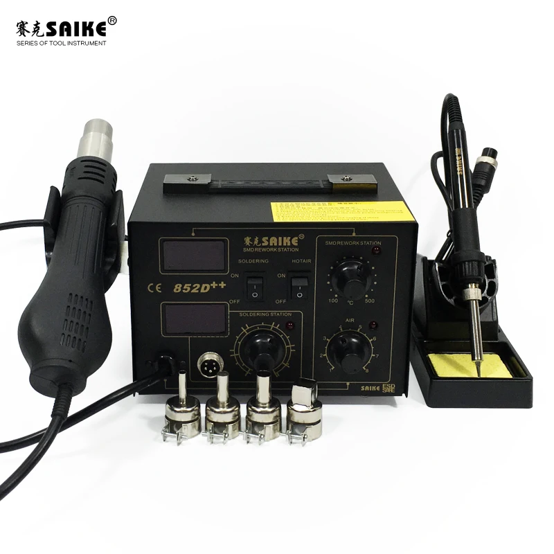Saike 852d ++ Rework Station Elektrická spájkovanie železa nastaviteľná konštantná teplota 2in1 prepracovanie spájkovacia tepelná pištoľ