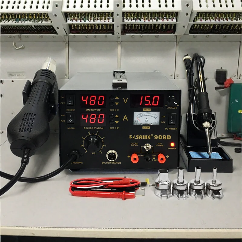 Saike 909d 3 v 1 spájkovacia stanica horúca vzduchová pištoľ Desoldering Elektrické zváranie železa 1A/2A 0-15V DC Regulovaný napájací zdroj energie