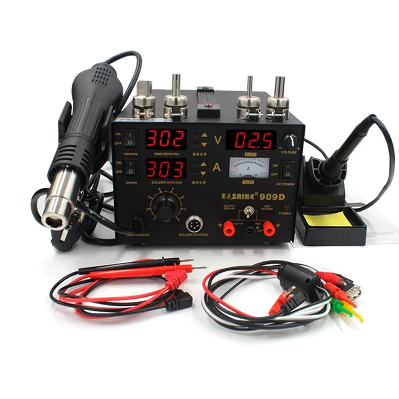 Saike 909D Spájkovanie železa 220V 110V Hot Air Gun Station+Spájkovanie železa+DC Power Supply 3in1 Elektrická remwork stanica nastaviteľná