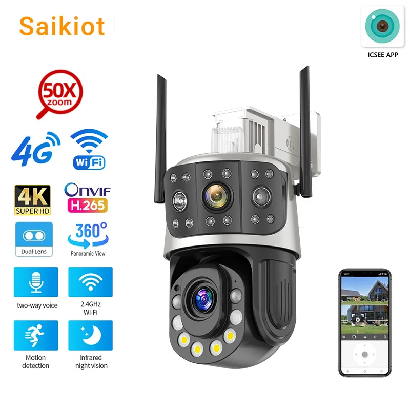 Saikiot ICSEE 8MP 4K ON-VIF Dvojitá šošovka WiFi 4G 50X Zoom CCTV Security Camera Outdoor Durveillance Night Vision 4G SIM Card Camera