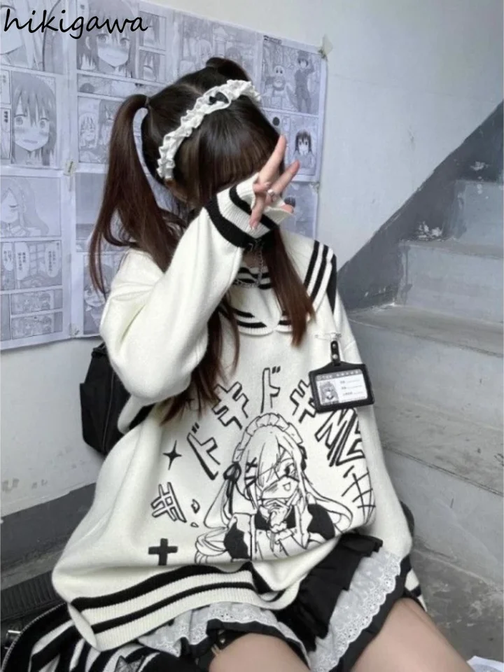 Sailor Collar Roztomilý nadmerne nadmerné pulVery 2024 Zimné ženy oblečenie japonský skokan suter majer anime sladké pletené sveter topánky