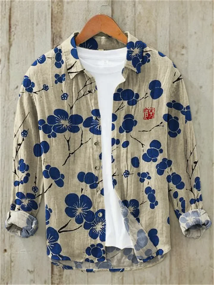 Sakura japonský vintage umenie bielizeň zmiešaná košeľa, neformálny golierový golier, gombíková košeľa, plus veľkosť, jar, leto, nové