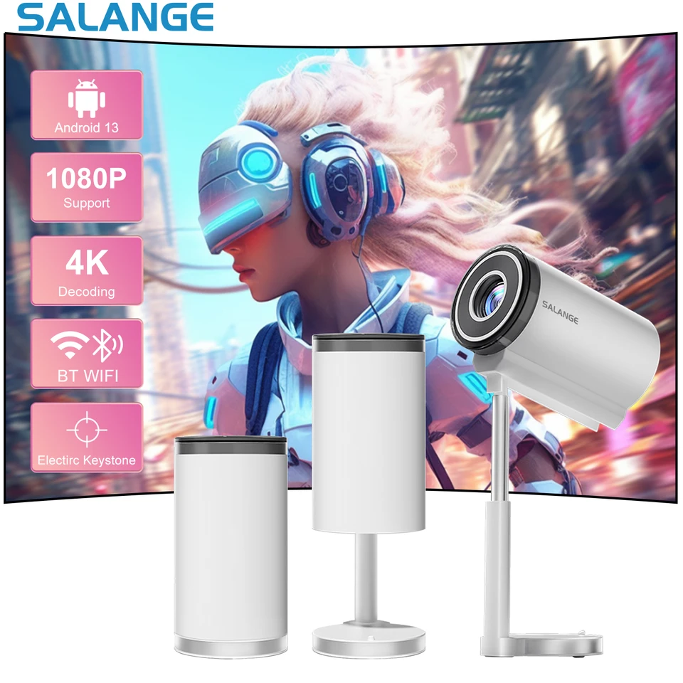 SALANGE 4K Video projektor Android11 ​​WiFi 1080p Electro Keystone Flexibilný nastaviteľný stojan Vysoký jas x5 vonkajšie domáce kino