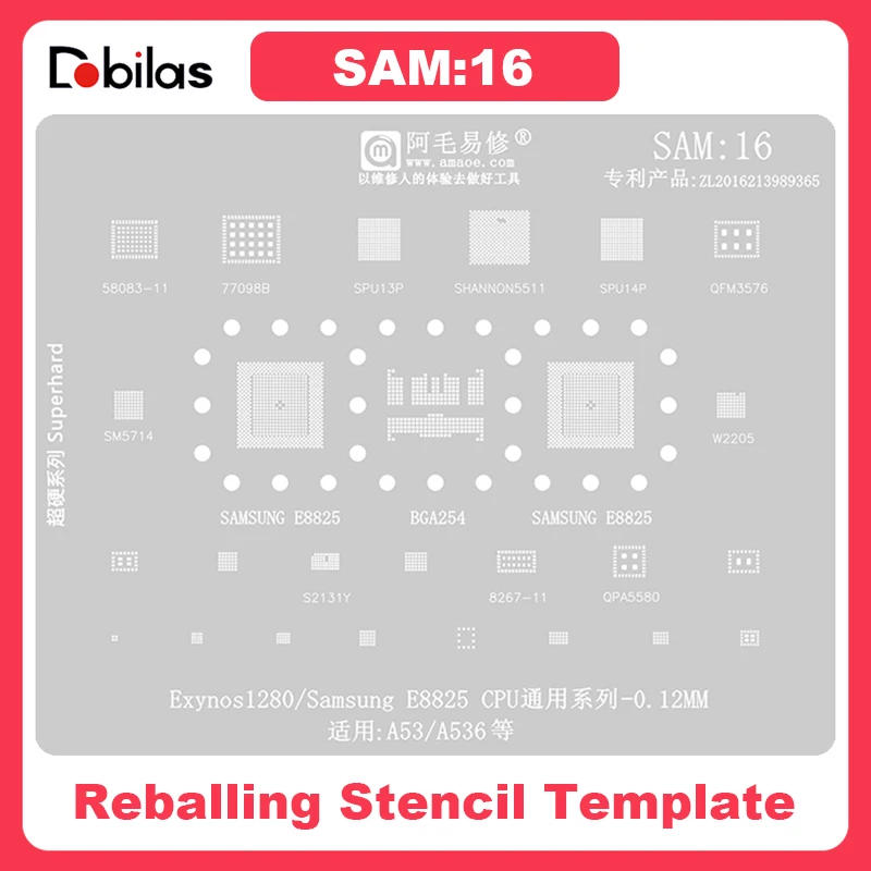 Sam16 BGA Reballing Stencil pre Samsung A53 A536 pre exynos 1280 E8825 CPU SPU13 Shannon5511 S5511 EMMC DDR 77098B RF Power IC