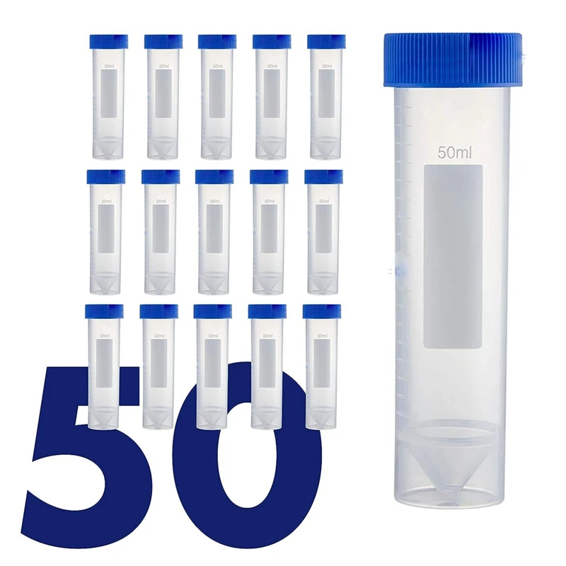 Samostatne stojace odstredivky 50 ml, [50 balení] plastová skúmavka so skrutkovými čiapkami, 50 ml sterilné testovacie trubice s trvanlivými viečkami