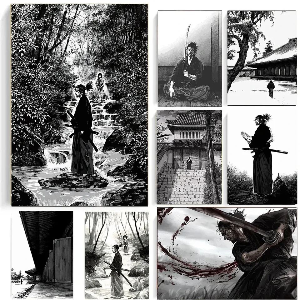 Samurai Musashi vagabond čierne biele plátno výtlačky moderné japonské nástenné umenie pre obývaciu izbu spálň