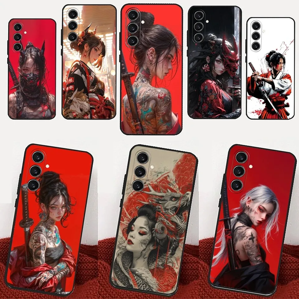 Samurai Warrior Geisha Telefon Case pre Samsung Galaxy A13,21S, 22,31,32,52,53,71,80,91 Čierna mäkká obálka