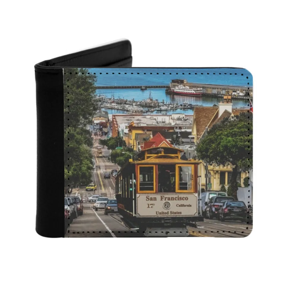 San Francisco California lanovka a Alcatraz Island Pánska peňaženka Čierna peňaženka Držiteľ kreditnej karty Pu Leather Witerproof