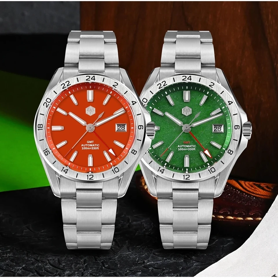 San Martin 2024 39 mm červený agát zelený jade kameň vzácny minerálny drahokam luxusný muž hodinky NH34 GMT Automatický mechanický zafír