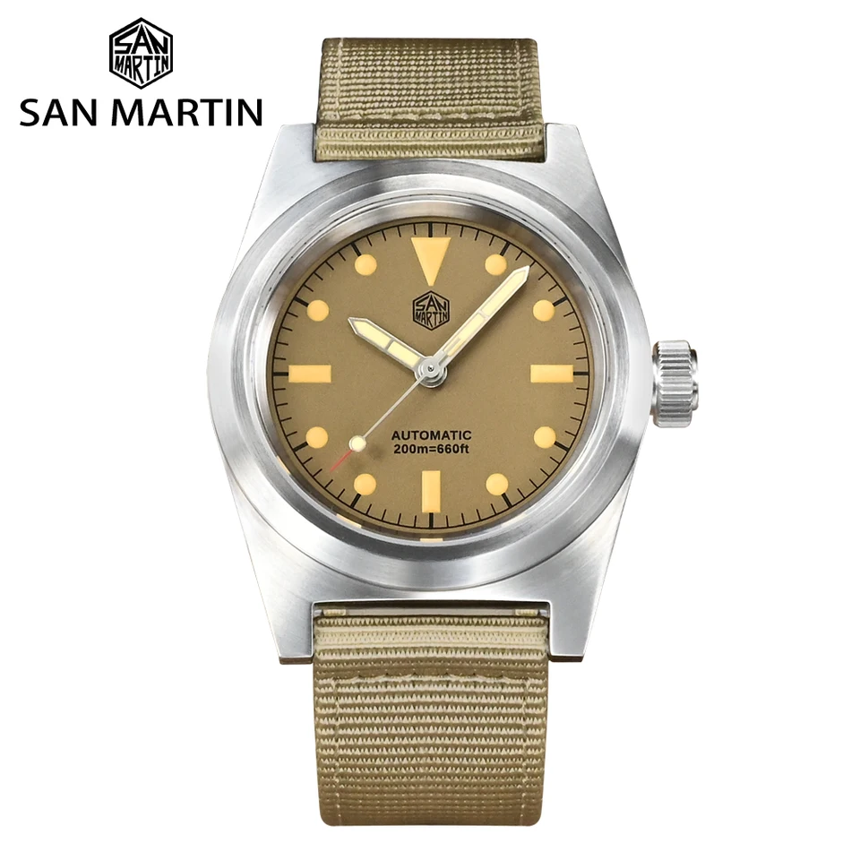 San Martin 38mm Pilot Watch Vintage Vojenskí nadšenci YN55 Pánske automatické mechanické hodinky nylonový remienok C3 Luminous 20bar