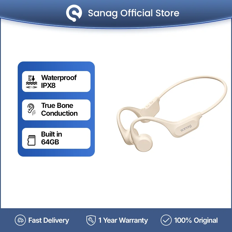 SANAG B60S PRO BONE Vedenie slúchadiel Bluetooth 5.3 64 GB Wireless Open Headset Ipx8 Swimpound Waterproof Sedávky s mikrofónom