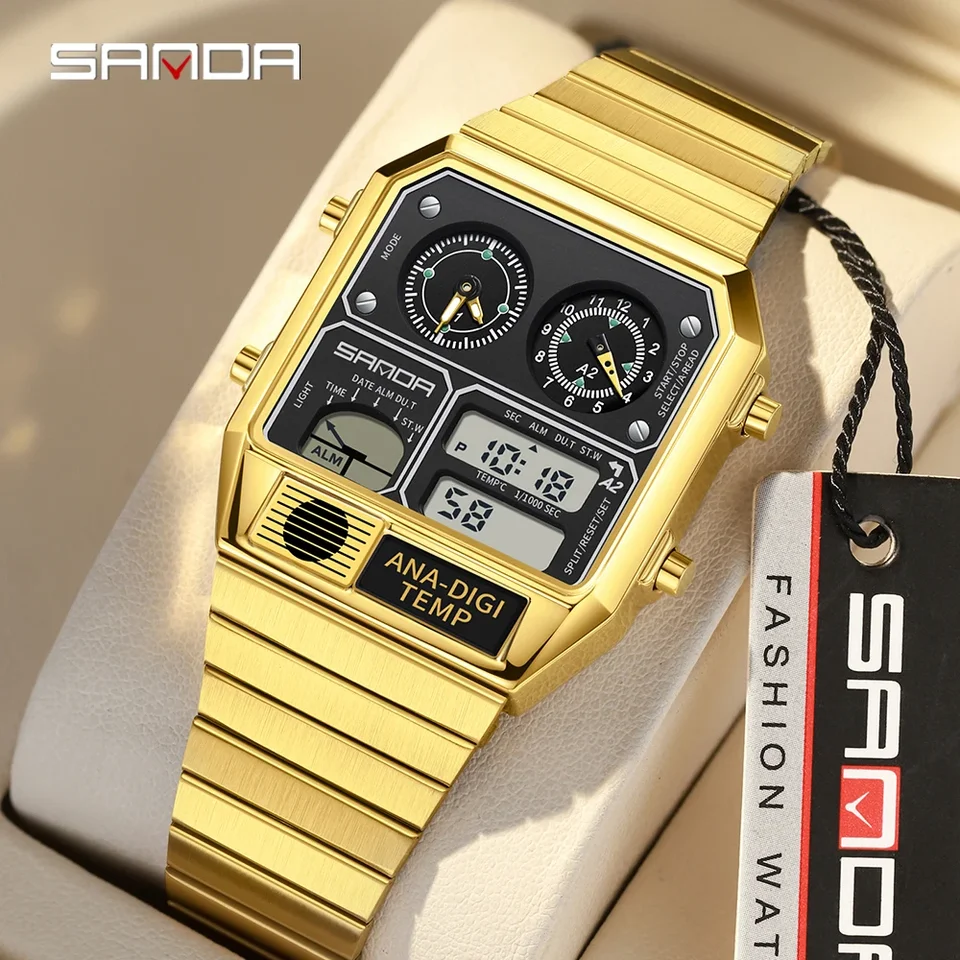Sanda 3192 Horúca predajná LED elektronické štvorcové mužské mládež Multifunkcie Termometer stopky Chronograph Pánske hodinky