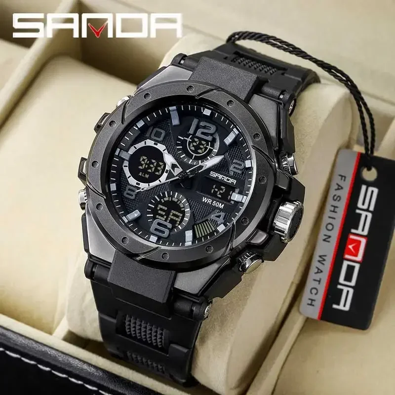 Sanda 6008 Watch for Men Vojenské vonkajšie športové vodotesné LED Dual Display Quartz Digital Wristwatches Mens reloj hombre