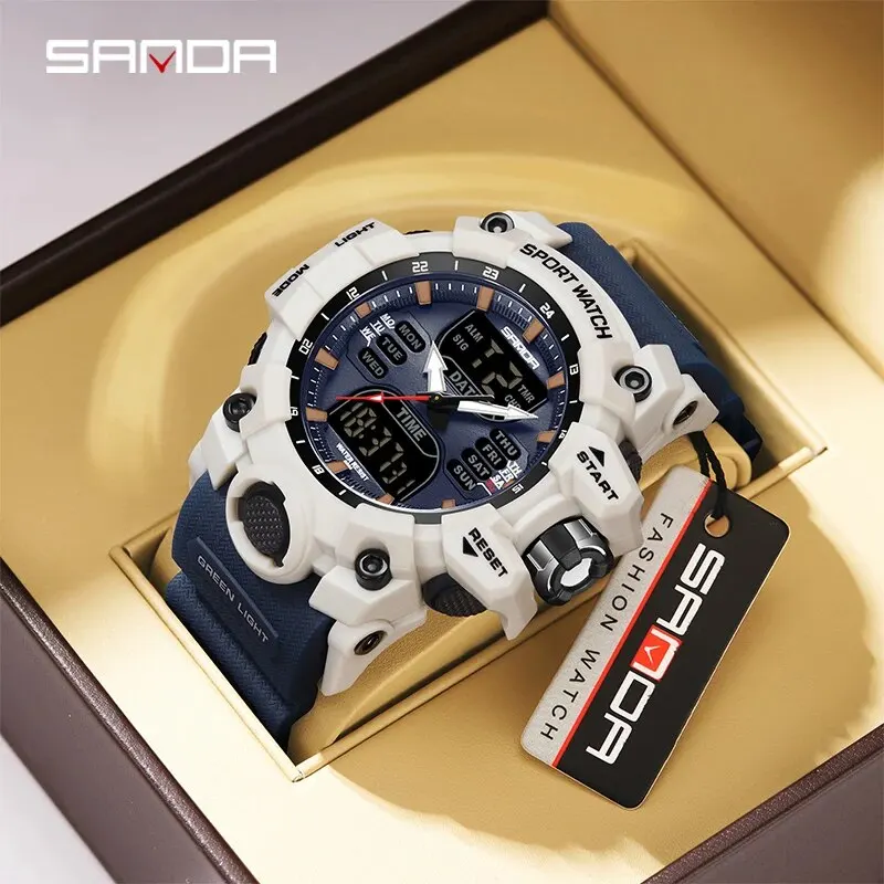 SANDA DUAL DISPLES Men hodinky Vodotesné športové hodinky Vojenský muž Alarm Stopwwatch Quartz Zápraty náramok Male Digital Clock 6126